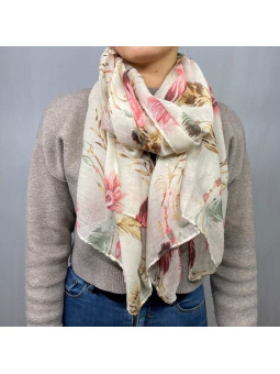 Écharpe 180 cm Aux Plumes Et Fleurs Rose Premium