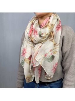 Écharpe 180 cm Aux Plumes Et Fleurs Rose Premium