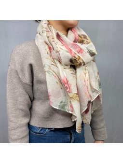 Écharpe 180 cm Aux Plumes Et Fleurs Rose Premium