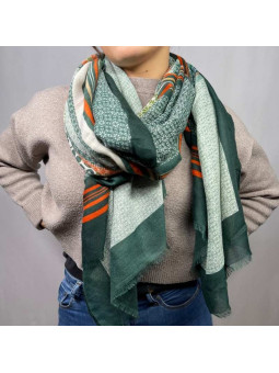 Écharpe 180 cm Aux Rectangles De Couleurs Vertes Et Orange Premium