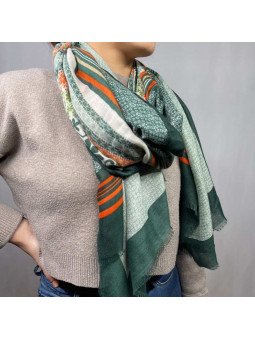 Écharpe 180 cm Aux Rectangles De Couleurs Vertes Et Orange Premium