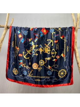 Large Foulard En Soie Bleu Nuit Au Liseré Rouge Premium