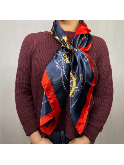Large Foulard En Soie Bleu Nuit Au Liseré Rouge Premium
