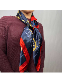 Large Foulard En Soie Bleu Nuit Au Liseré Rouge Premium