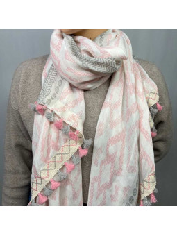 Écharpe 180 cm Aux Losanges Rose Et Grise Avec Ses Petits Pompons Premium