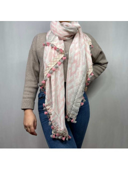 Écharpe 180 cm Aux Losanges Rose Et Grise Avec Ses Petits Pompons Premium