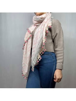 Écharpe 180 cm Aux Losanges Rose Et Grise Avec Ses Petits Pompons Premium