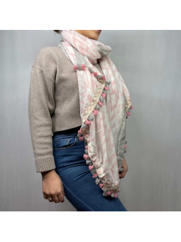 Écharpe 180 cm Aux Losanges Rose Et Grise Avec Ses Petits Pompons Premium