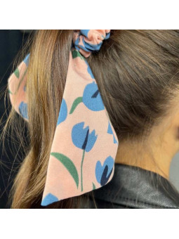 Foulard Rose Avec Chouchou Pour Cheveux Aux Motifs De Tulipes Bleu