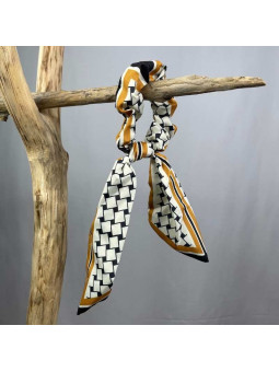 Foulard Avec Chouchou Pour Cheveux Blanc, Doré Et Noir Aux Petits Carrés