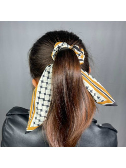 Foulard Cheveux Blanc, Doré Et Noir Aux Petits Carrés