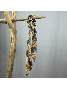 Foulard Cheveux Beige Aux Motifs Doré Et Bleu