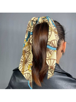Foulard Cheveux Beige Aux Motifs Doré Et Bleu Premium