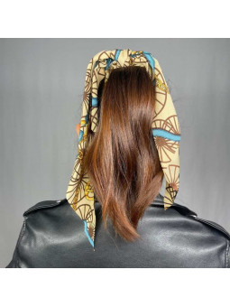 Foulard Avec Chouchou Pour Cheveux Beige Aux Motifs Doré Et Bleu