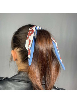 Foulard Chouchou Pour Cheveux Bleu Aux Petites Fleurs Bordeaux