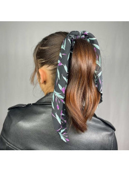 Foulard Chouchou Pour Cheveux Noir Aux Leger Motifs Fleuris