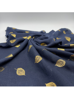 Écharpe Bleu Nuit 180 cm Aux Imprimés Délicats De Feuilles Dorées