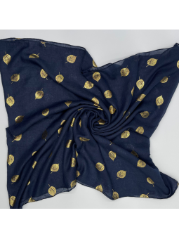 Écharpe Bleu Nuit 180 cm Aux Imprimés Délicats De Feuilles Dorées