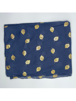 Écharpe Bleu Nuit 180 cm Aux Imprimés Délicats De Feuilles Dorées