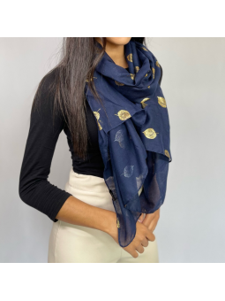 Écharpe Bleu Nuit 180 cm Aux Imprimés Délicats De Feuilles Dorées