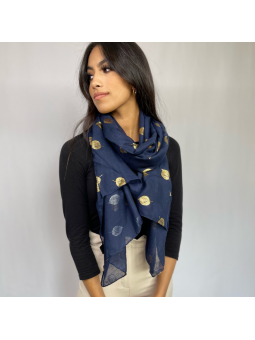 Écharpe Bleu Nuit 180 cm Aux Imprimés Délicats De Feuilles Dorées