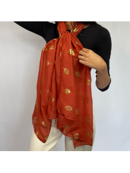 Écharpe Orange Camel Aux Feuilles Dorées