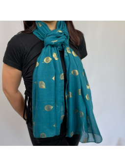 Écharpe Bleu Turquoise Profond 180 cm Aux Imprimés Délicats De Feuilles Dorées