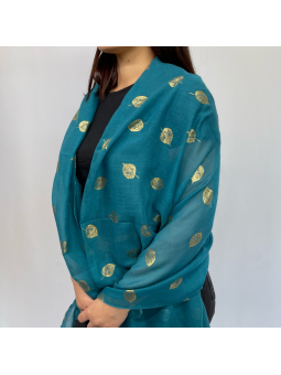 Écharpe Bleu Turquoise Profond 180 cm Aux Imprimés Délicats De Feuilles Dorées