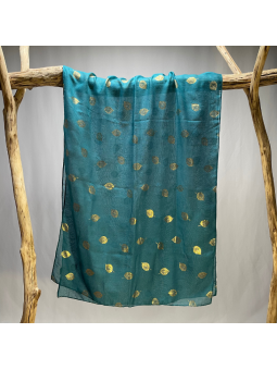 Écharpe Bleu Turquoise Profond 180 cm Aux Imprimés Délicats De Feuilles Dorées