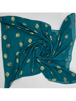 Écharpe Bleu Turquoise Profond 180 cm Aux Imprimés Délicats De Feuilles Dorées