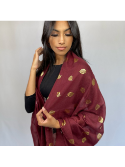 Écharpe Bordeaux Prune Profond 180 cm Aux Imprimés Délicats De Feuilles Dorées