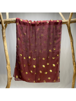 Écharpe Bordeaux Prune Profond 180 cm Aux Imprimés Délicats De Feuilles Dorées