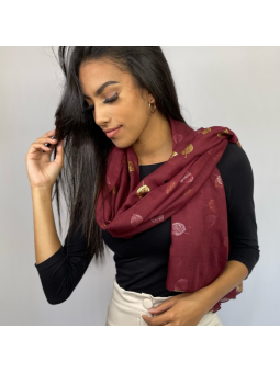 Écharpe Bordeaux Prune Profond 180 cm Aux Imprimés Délicats De Feuilles Dorées