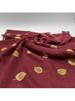 Écharpe Bordeaux Prune Profond 180 cm Aux Imprimés Délicats De Feuilles Dorées