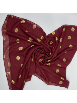 Écharpe Bordeaux Prune Profond 180 cm Aux Imprimés Délicats De Feuilles Dorées