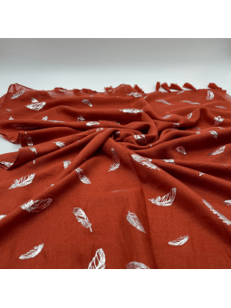 Écharpe 180 cm Rouge Brique à Pompons et Plumes Argentée