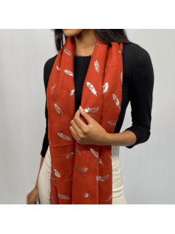 Écharpe 180 cm Rouge Brique à Pompons et Plumes Argentée