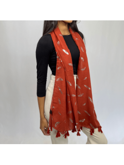 Écharpe 180 cm Rouge Brique à Pompons et Plumes Argentée