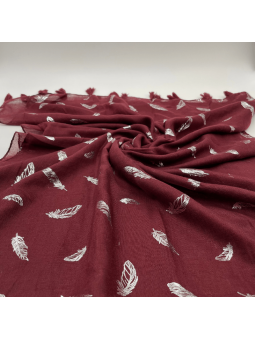 Écharpe 180 cm Rouge Bordeaux à Pompons et Plume Argentée