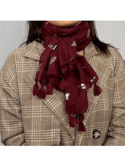 Écharpe 180 cm Rouge Bordeaux à Pompons et Plume Argentée