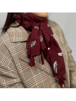 Écharpe 180 cm Rouge Bordeaux à Pompons et Plume Argentée