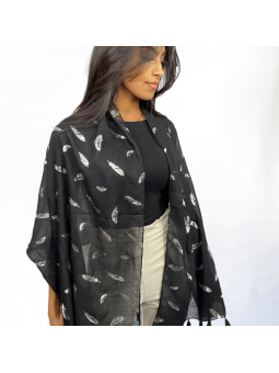 Écharpe 180 cm Noir Intense à Pompons Et Plumes Argentées