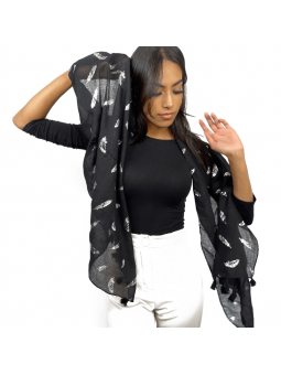 Écharpe 180 cm Noir Intense à Pompons Et Plumes Argentées