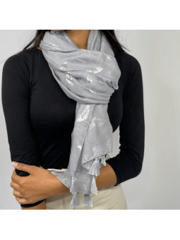 Écharpe 180 cm Gris Bonifacio à Pompon et Plume Argentée