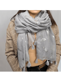 Écharpe 180 cm Gris Bonifacio à Pompon et Plume Argentée