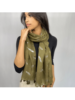 Écharpe 180 cm Vert Kaki à Pompons et Plumes Argentées