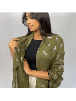 Écharpe 180 cm Vert Kaki à Pompons et Plumes Argentées