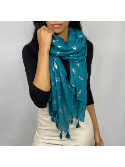 Écharpe 180 cm Bleu Canard à Pompons et Plumes Argentées