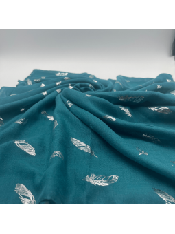 Écharpe 180 cm Bleu Canard à Pompons et Plumes Argentées