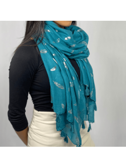 Écharpe 180 cm Bleu Canard à Pompons et Plumes Argentées